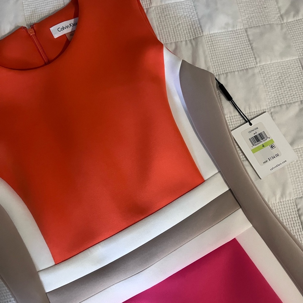 Calvin Klein Colorblock Midi Dress - Orange, Pink, and Gray